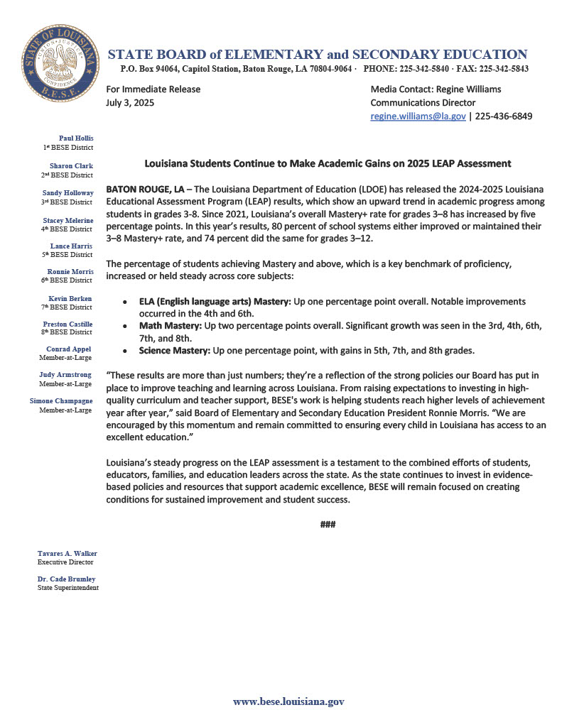 Louisiana Students Continue to Make Academic Gains on 2025 LEAP Assessment
