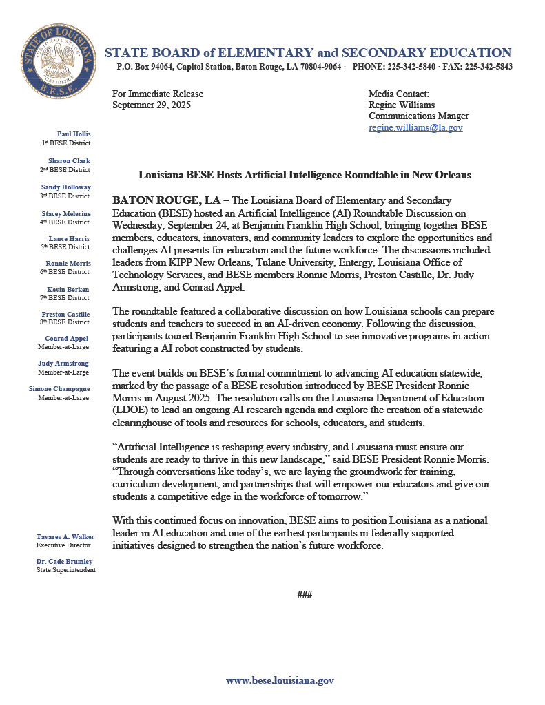 Louisiana BESE Hosts Artificial Intelligence Roundtable in New Orleans